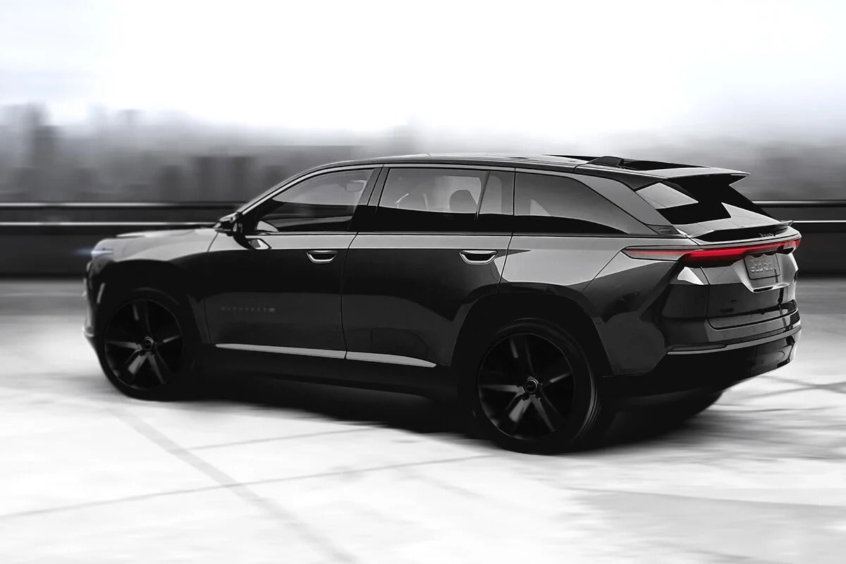 A black suv on the road.