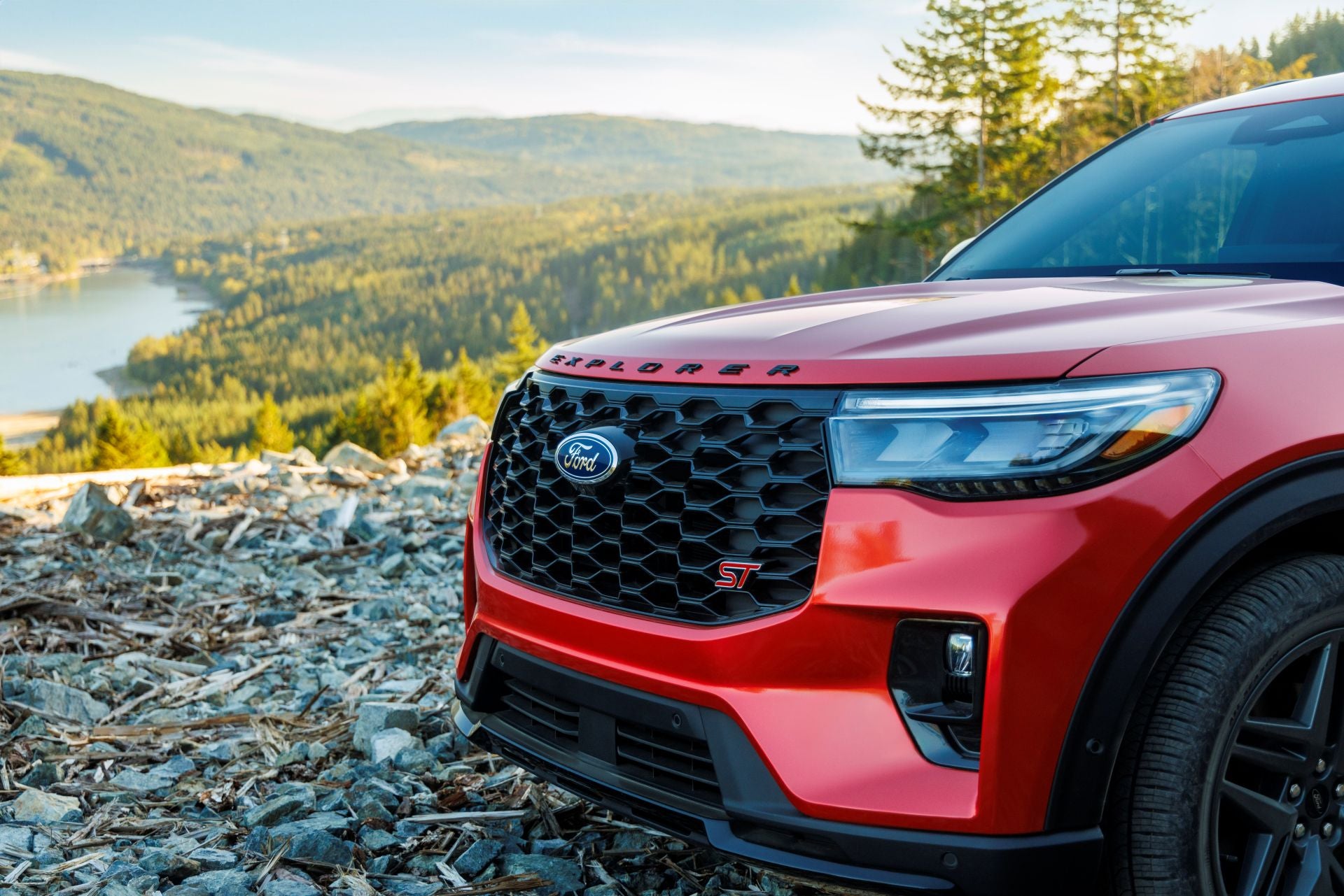an up close view of a red ford explorer.