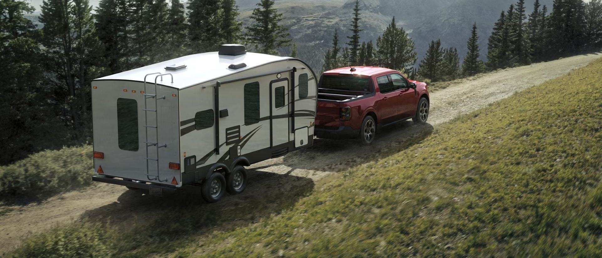 A red truck pulling a trailer on the road.