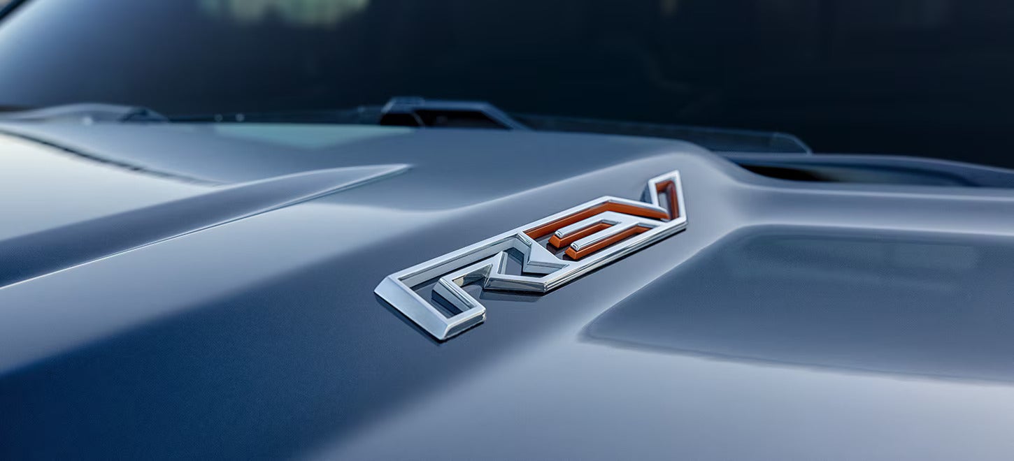 close up REV emblem on a gray truck