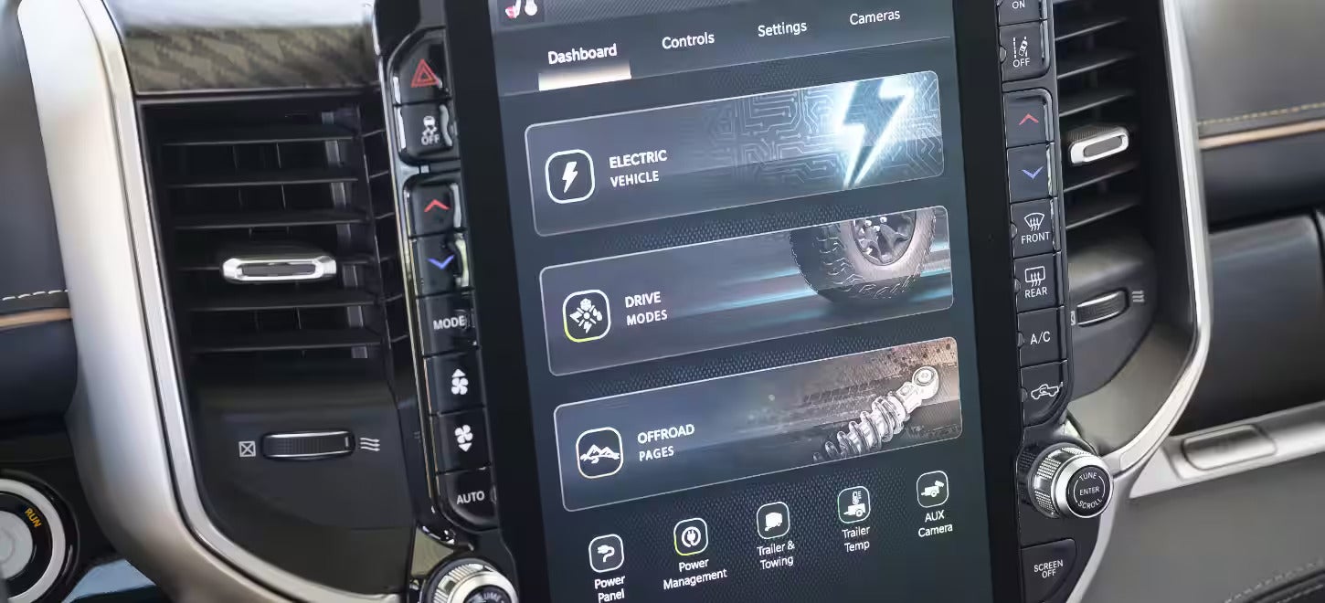 close up of infotainment screen in the 2025 ram 1500 rev