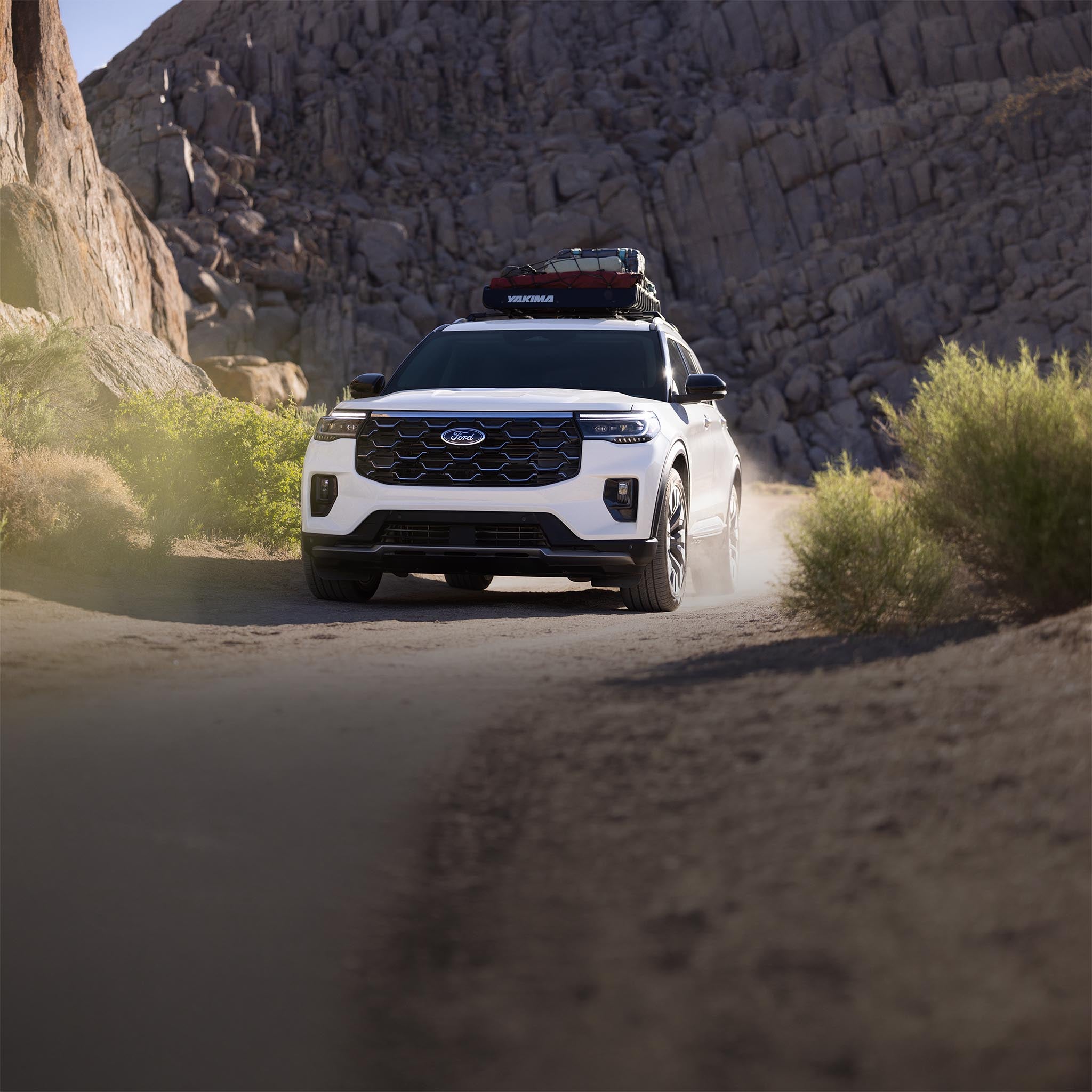 2026 Ford Explorer Platinum being driven through a canyon near Junction City, Kansas