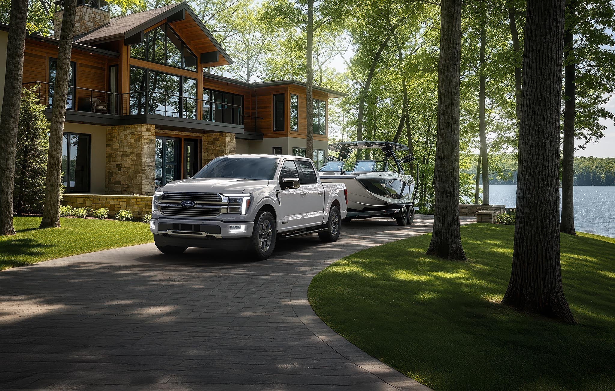 2026 Ford F-150 Platinum with the Satin package pulling a small trailer on a country road